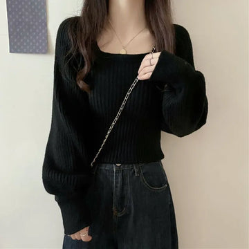 Lucyever Super Comfortable Cashmere Sweaters Woman Slim Short Square Collar Knit Jumper Woman Lantern Sleeve Sweater Pullover